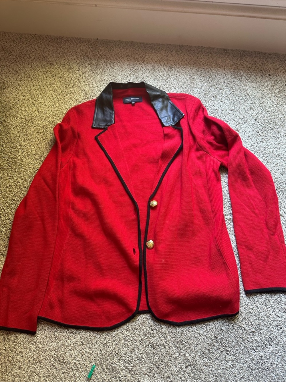 Jones New York Red Blazer with Black Trim and Faux Leather Collar
